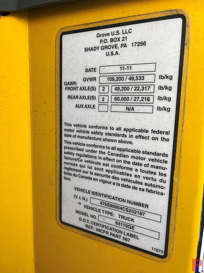 Used 2011 GROVE TMS9000E MOD. 84110GE 110 TON ROUGH TERRAIN CRANE