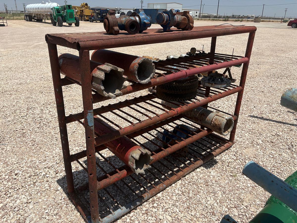 Used 83” x 21” x 60” tool rack w/ (4) assorted wp shoes, (2) 2” 1502 “T” fittings, etc.