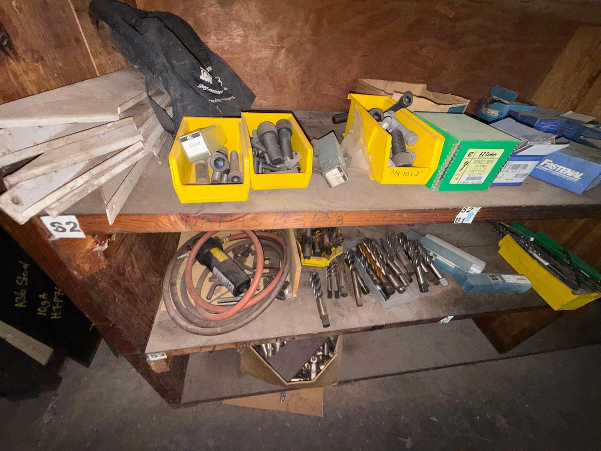 Used 16’x2’x4’ 3-ROW WOOD SHELF W/ CONTENTS OF TAPS, CHUCKS, CUTTING TOOLS, & RELATED