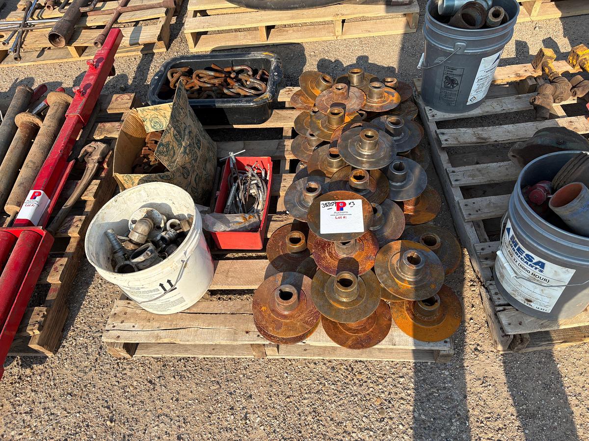 Used (3 pallets) w/ shovels, 7-7/8”od x 1-1/8” Id drive hubs, u-bolts, hose fittings, etc.