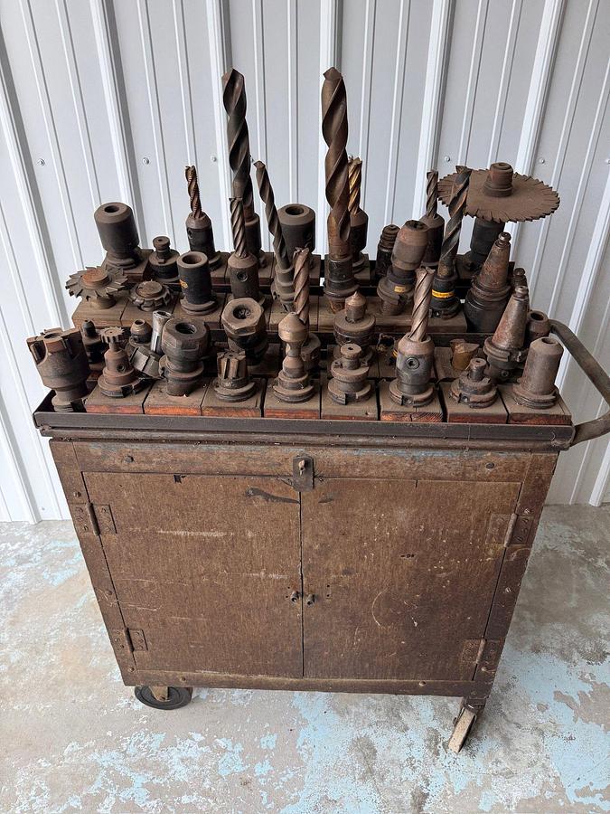 Used Vintage tool cabinet with assorted Machine Tooling, Drill, End Mills, Holders, & Related