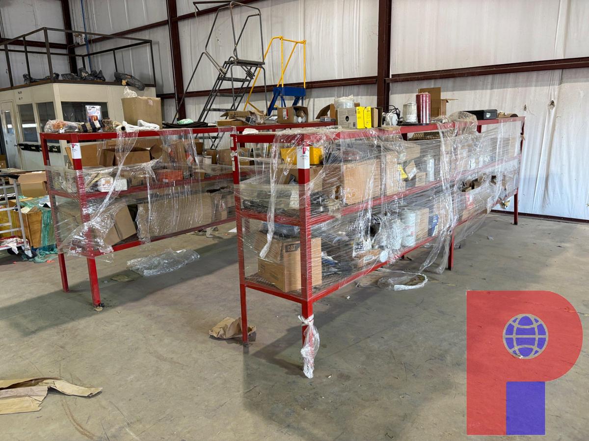 Used (2) 16’ X 2’ X 5’ SHELVES W/ OIL & AIR FILTERS, BELTS, ROLLER CHAINS, MISC. CONTENTS