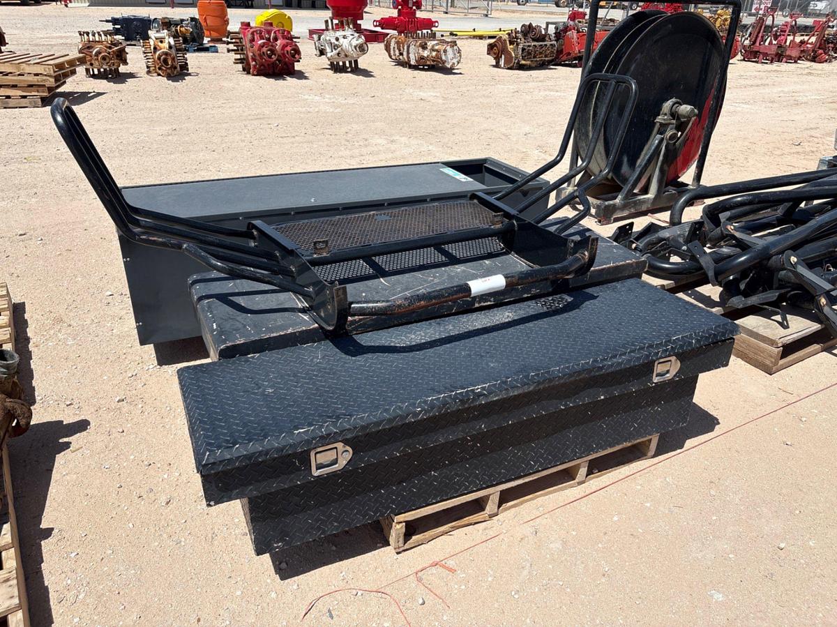 Used (2) pickup truck toolboxes, (1) grill guard, & (1) 80” x 24” x 20” locker