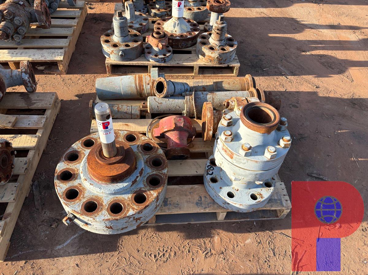 Used (3) PALLETS OF VALVE STEM FLANGES, STEM PARTS, 7X4 ADAPTER SPOOLS, WECO FLANGES