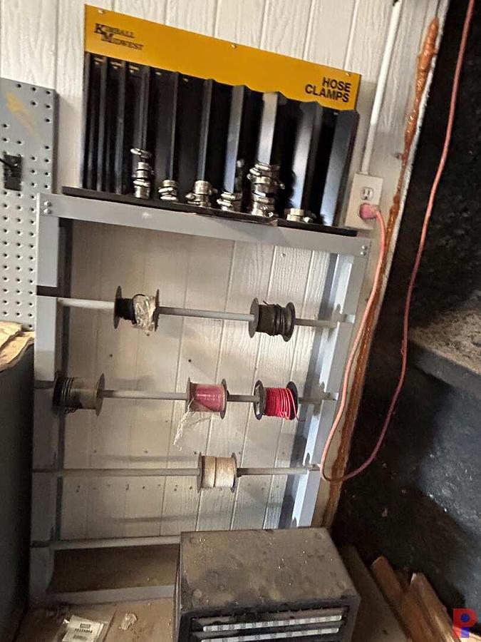 Used KIMBALL MIDWEST 2-DOOR CABINET, (2) 5-ROW FITTING BINS , WIRE SPOOL RACK, PEG BOARD, HOSE CLAMP RACK, BITS, W/ CONTENT (SEE PICS
