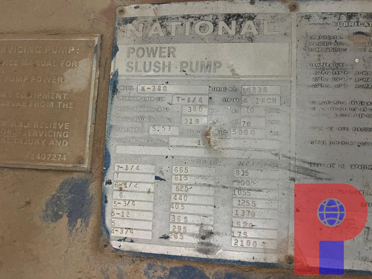Used NATIONAL K-380 DUPLEX MUD PUMP