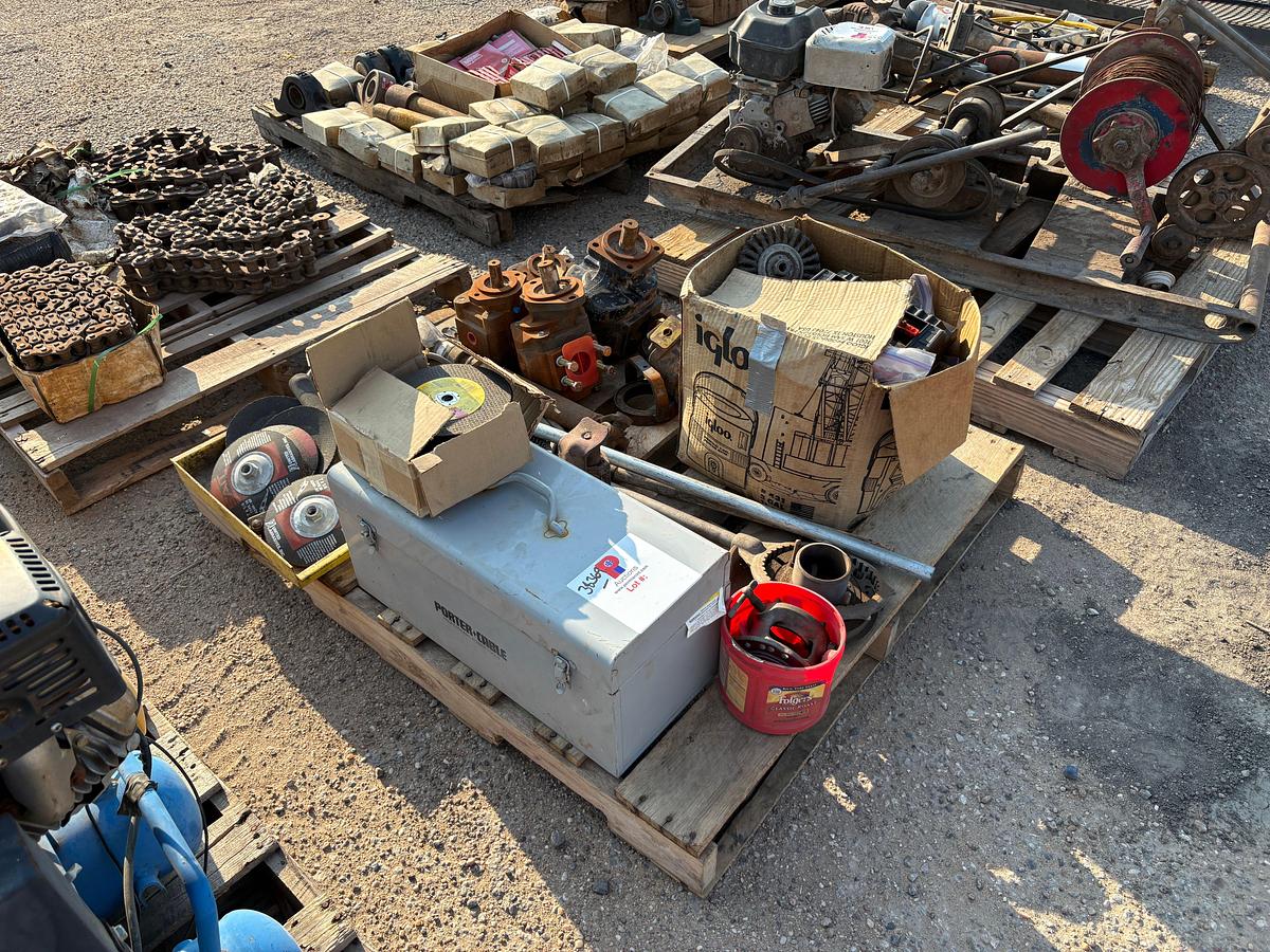 Used Pallet w/ assortment of wire wheels, grinding & cutting wheels, (5) hydraulic motors, toolbox, etc