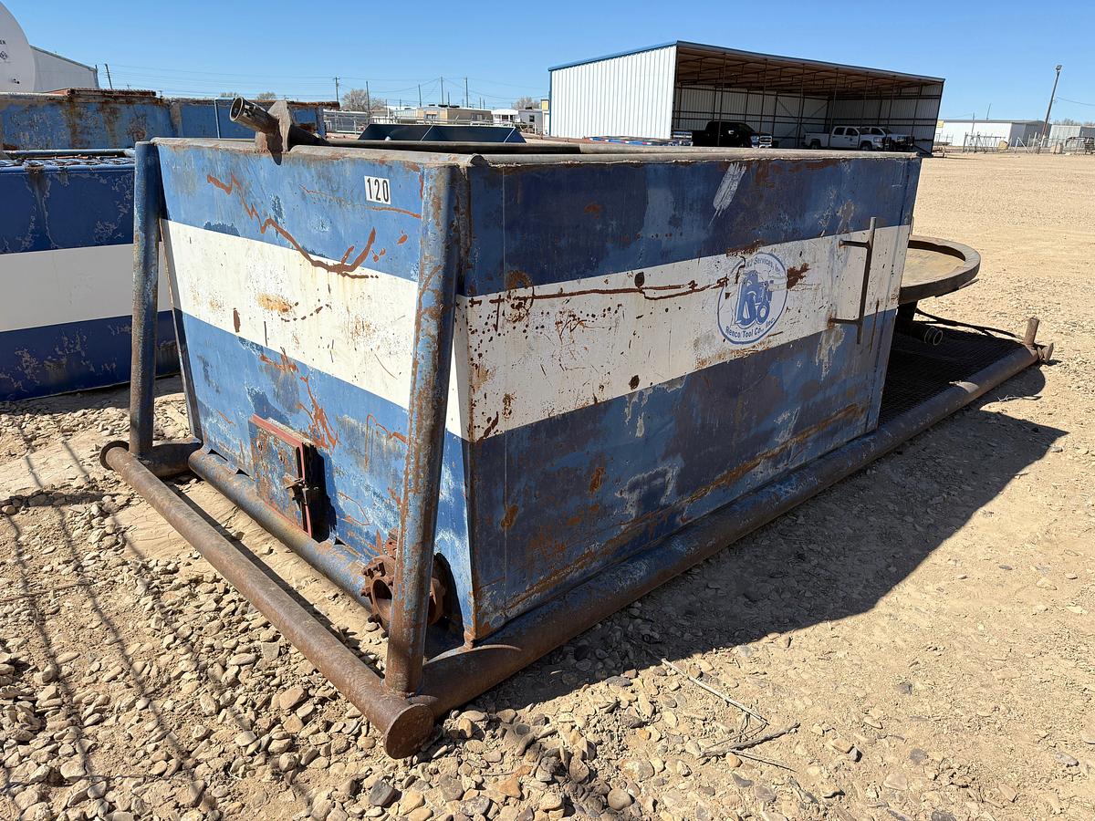 Used 30 BBL 8’ X 6’ X 4’ TANK MTD ON 17’ X 7’ SKID W/ CATCH PAN & SPOOL