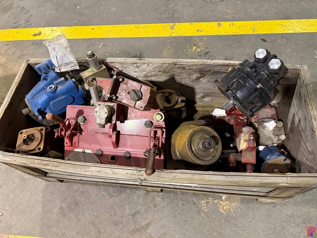 Used PALLET W/ COIL TUBING LINE METER HEAD, (9) HYD PUMP / MOTORS, (2) SMALL PLANETARIES