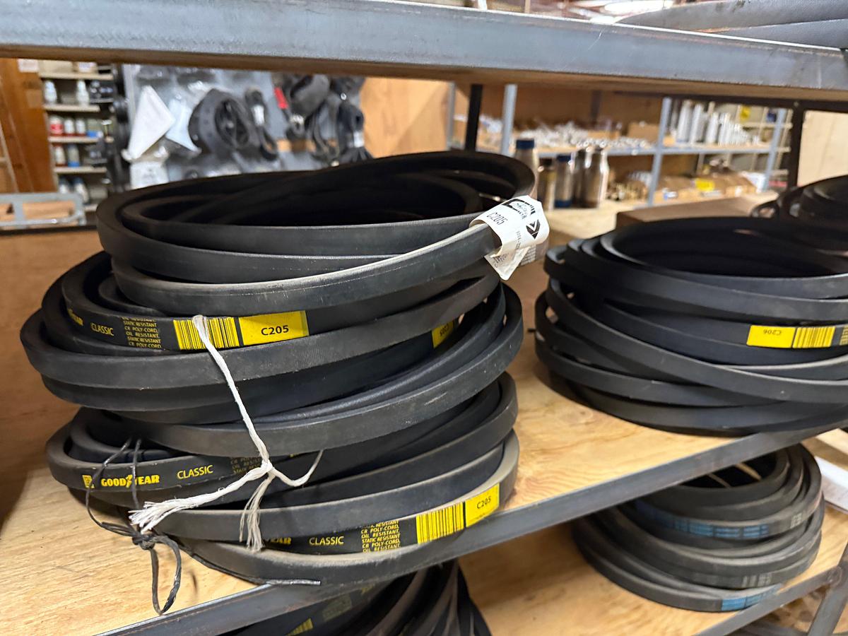 Used SECTION OF (100+) MOSTLY GOODYEAR C,D,& B-SECTION V-BELTS & (4) POWERBAND V-BELTS, SIZE RANGE C60 THRU C206 & D-210