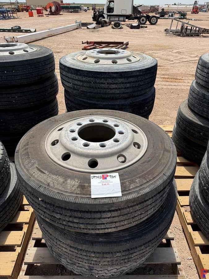 Used (7) 255/70R22.5 TIRES W/ ALUMINUM / STEEL BUD WHEELS