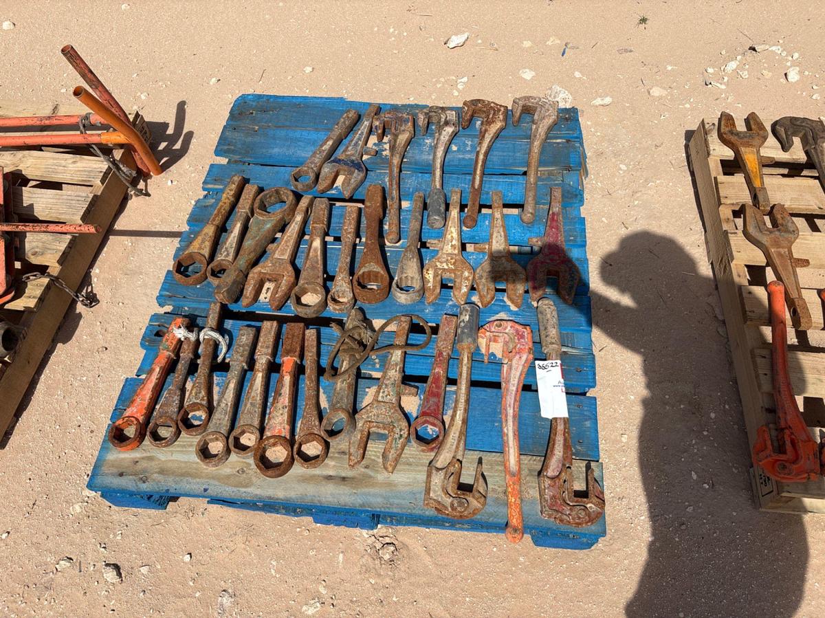Used Pallet of (17) assorted hammer wrenches, (7) rod wrenches, & (5) rod tong backups