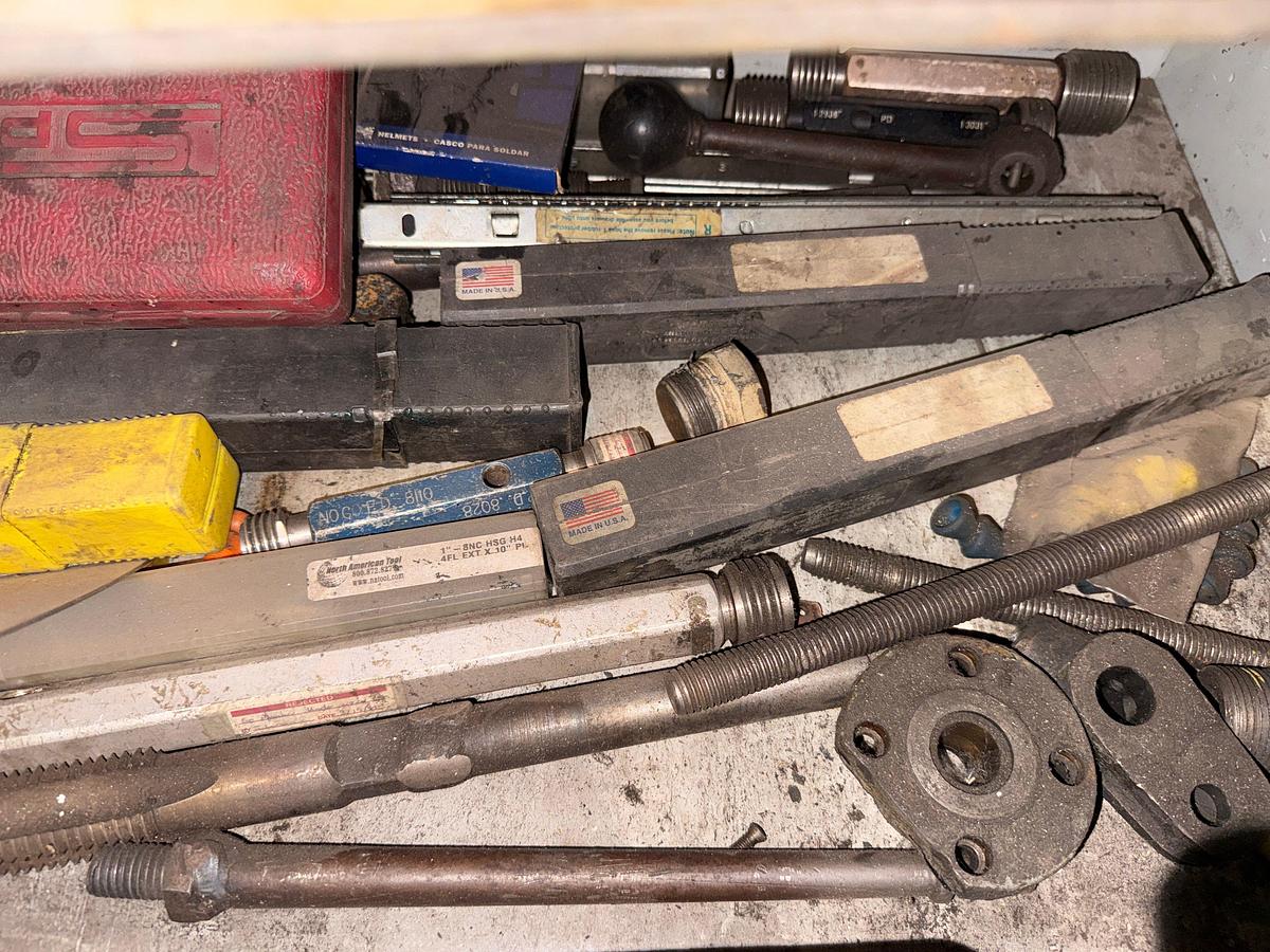 Used SECTION OF (4) TOOL RACK/ TABLES / ROLLING / CART W/ CONTENTS OF RADIAL ARM DRILL PRESS TOOLING & RELATED