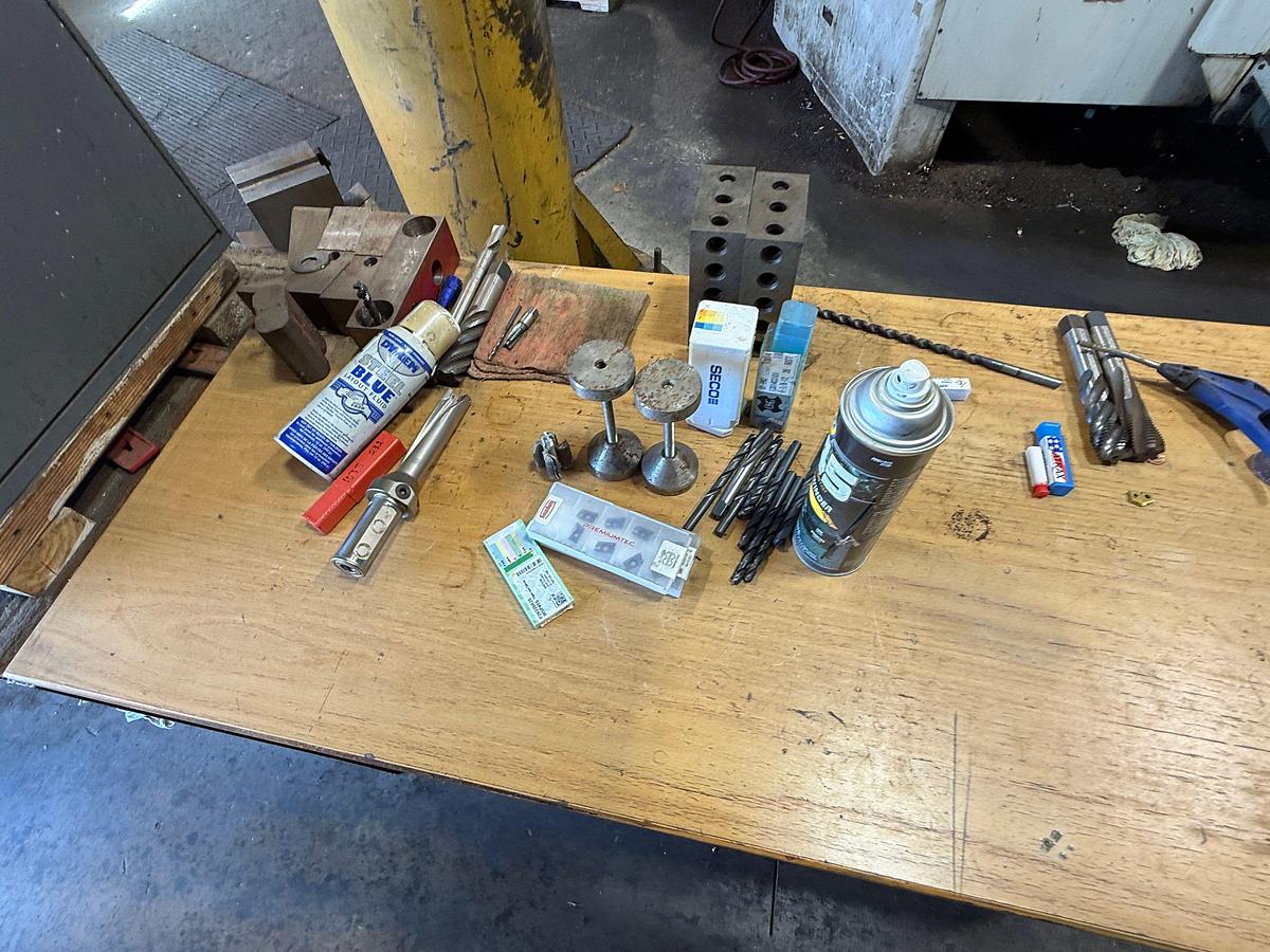Used SECTION W/ (2) WORK BENCHES, SMALL METAL CABINET INCLUDING CONTENTS OF MACHINE CUTTING TOOLS, SOME HAND TOOLS, & RELATED