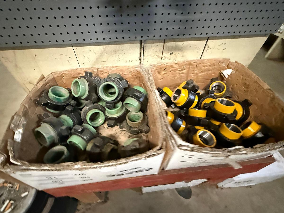 Used END CAP SECTION OF (50+) ZSPEC 2” FIG 100 PIPE UNIONS & PEG BOARD W/ VARIOUS STEEL CLAMPS