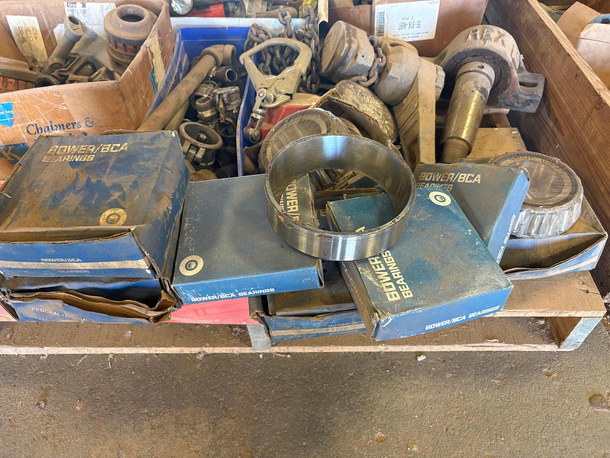 Used Pallet of assorted hose fittings, hex nuts, bower bearings, pillow block bearing, files, etc.