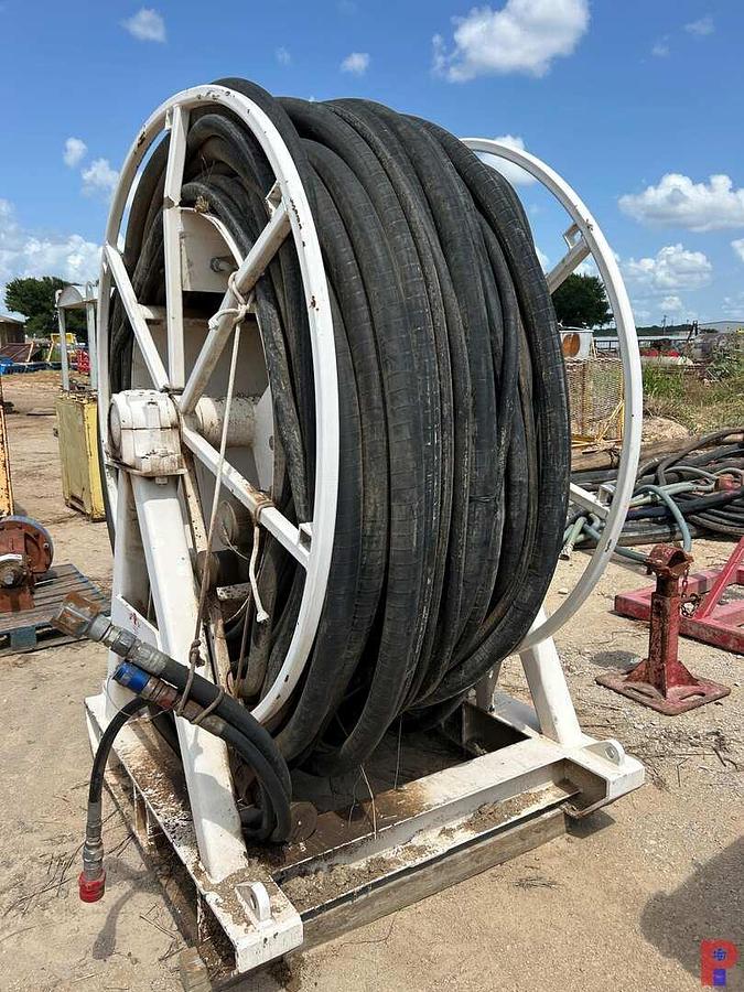 Used 72” DIA. X 34”W SKIDDED HYDRAULIC HOSE REEL W/ 3-SIZES OF HYD. HOSE