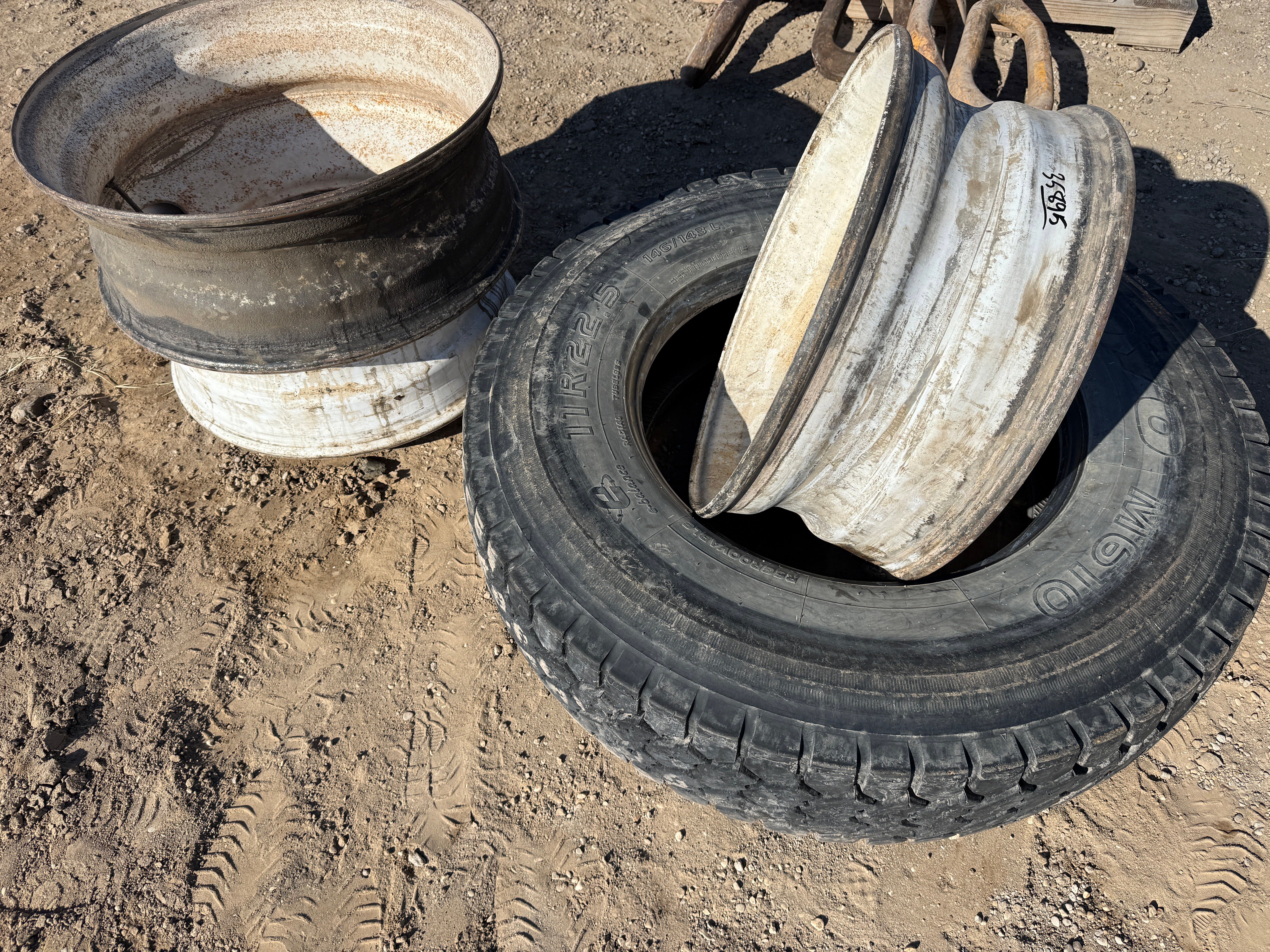 Used (1) 11R22.5 TOYO GRIP TIRE, (2) 22.5 BUDD WHEELS & (1) 24.5 PILOT WHEEL