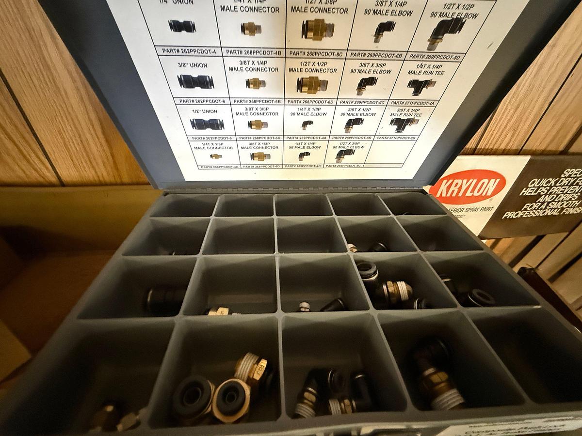 Used BRASS FITTING BIN W/ CONTENTS OF 1/8” THRU 1/2” COPPER TUBING FITTINGS