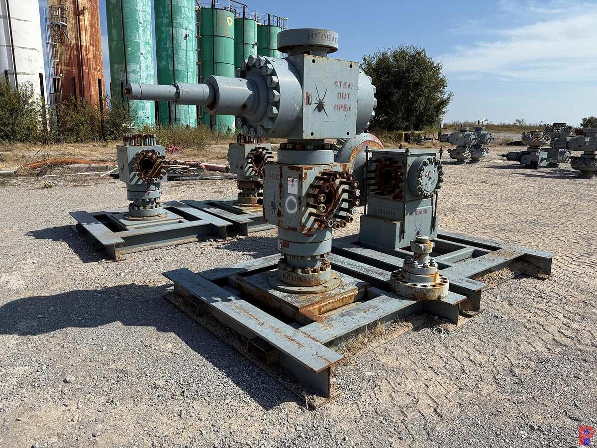 Used (4) 7’ X 6’ FRAC VALVE / BOP TRANSPORT SKIDS W/ 7-1/16” 15K WP MAN. FRAC VALVE, GOAT HEAD, VALVE BODIES, & ADAPTER SPOOLS