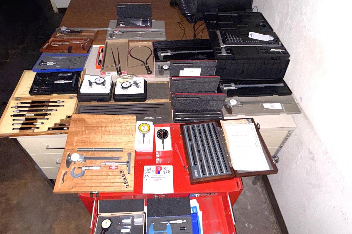 Used SECTION OF (6+) OD MICROMETERS , (7+) DEPTH GAUGES, GAUGE BLOCKS & ARMS, (4) DRAWER ROLLING TOOLBOX