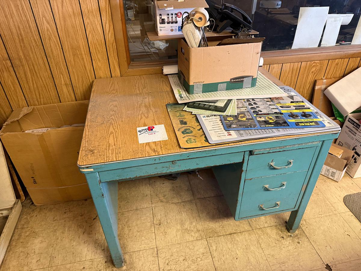Used 3’x3’x3’ METAL DESK W/ DRAWERS & BOX W/ CONTENTS