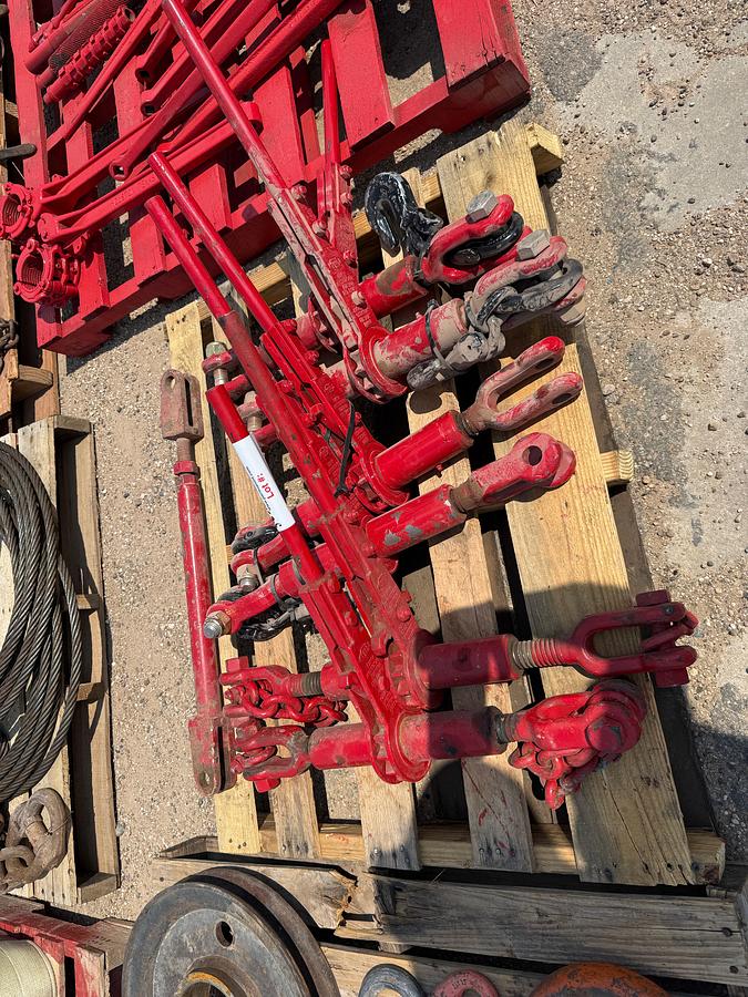 Used PALLET W/ (6) 85K LBS RATCHET BINDERS, SOME UNUSED W/ CROSBY HOOKS