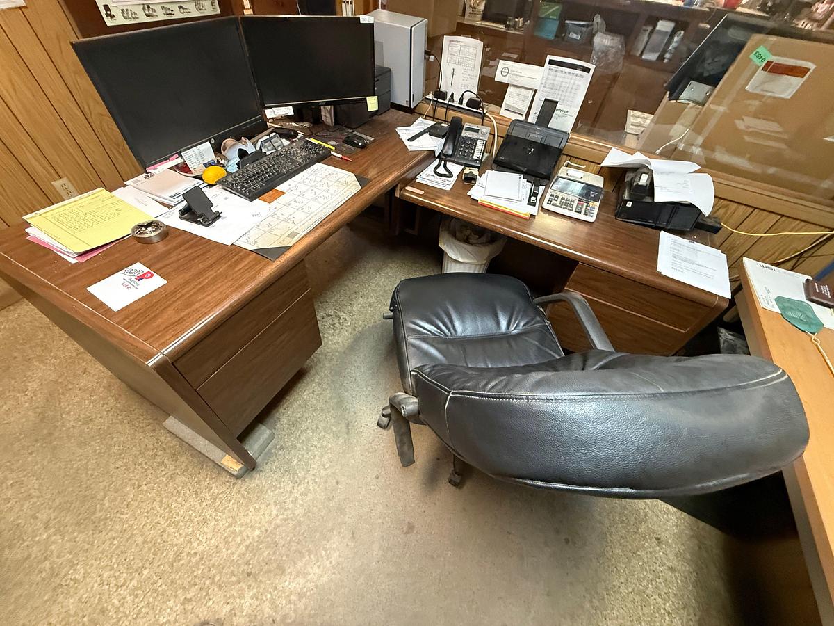 Used 5’ x 5’ L-SHAPE WOOD DESK, (1) 5’x2’ TABLE,CHAIR, & (2) SMALL FILING CABINETS