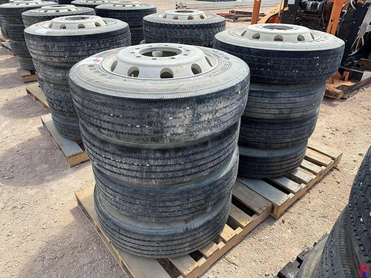 Used (8) 255/70R22.5 TIRES W/ ALUMINUM / STEEL PILOT WHEELS