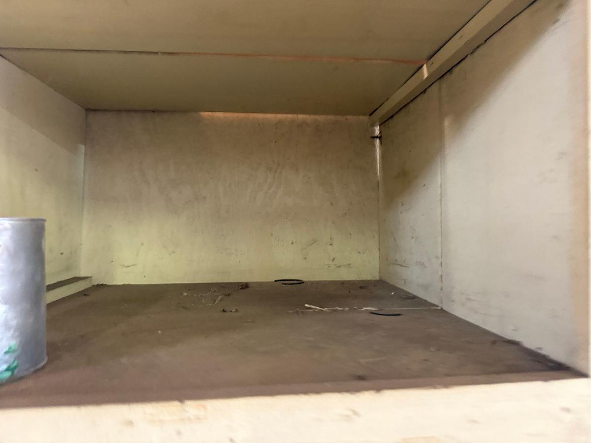 Used 14’ x 2’ x 7’ 42-BIN WOOD PARTS SHELF