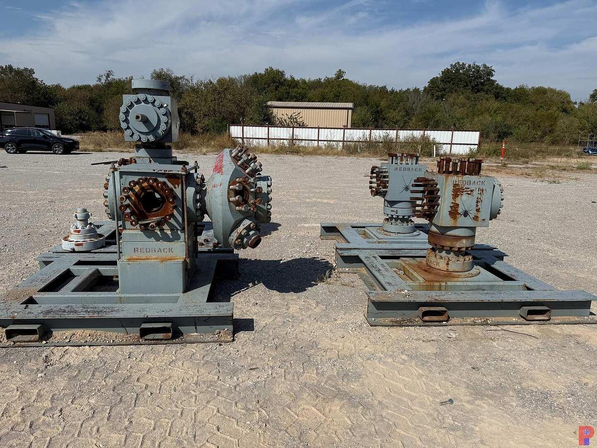 Used (4) 7’ X 6’ FRAC VALVE / BOP TRANSPORT SKIDS W/ 7-1/16” 15K WP MAN. FRAC VALVE, GOAT HEAD, VALVE BODIES, & ADAPTER SPOOLS