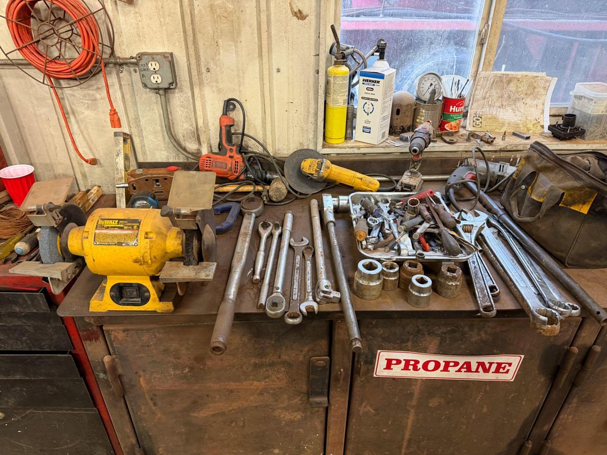 Used Work Bench, Tools & Tool Boxes on east wall to include: