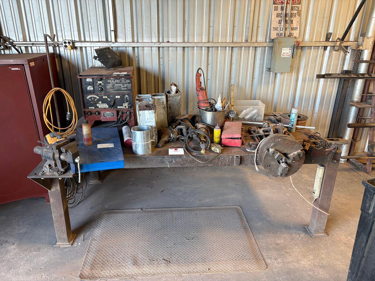 Used 8’ x 4’ x 33” metal shop table w/ contents