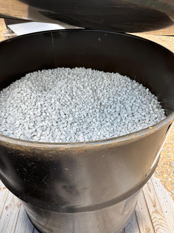 Used (3) 55 gallon drums of Triangular Ceramic Abrasive Polishing Tumbling Media. Approximately 700 lbs. in each drum.