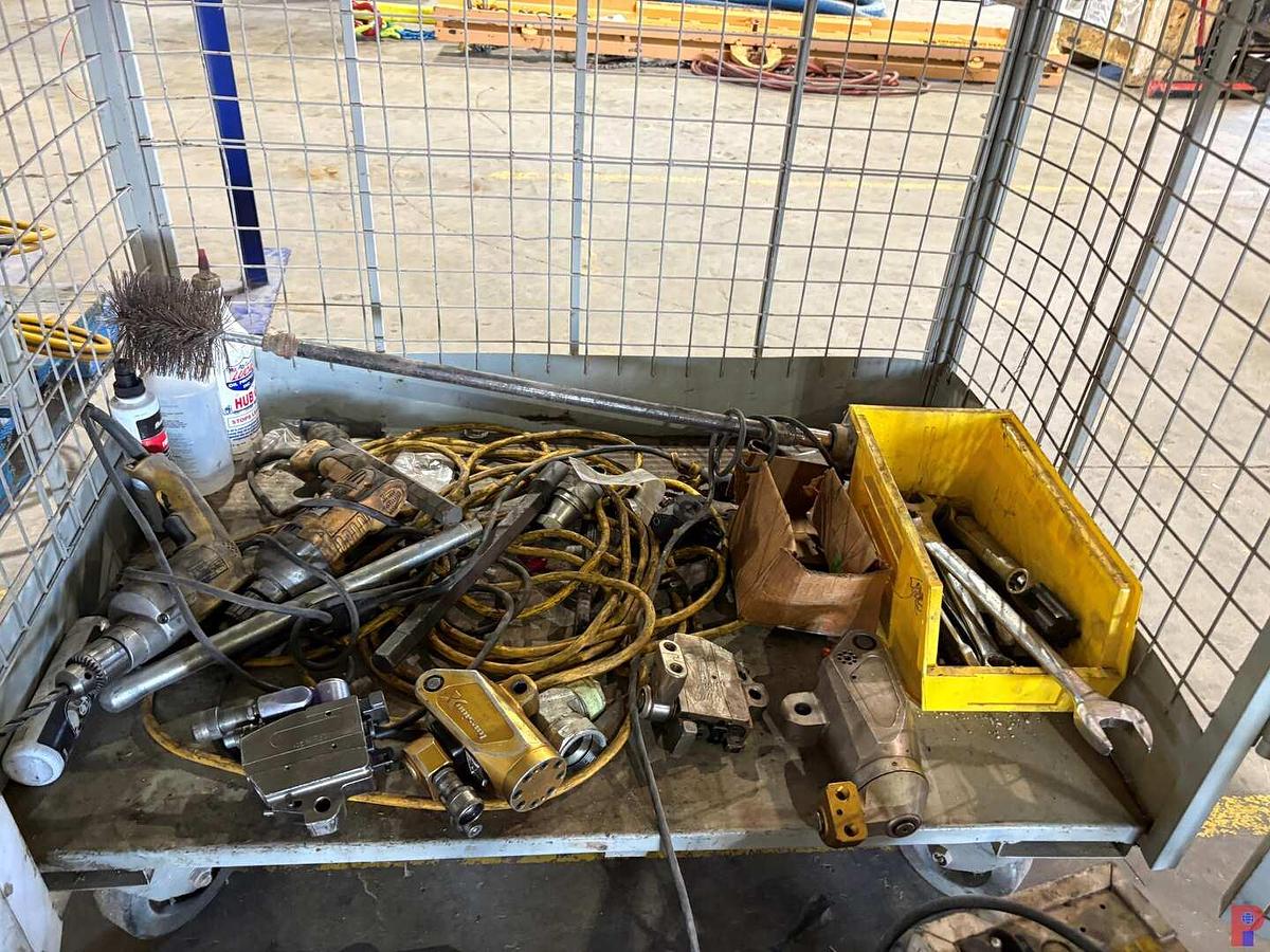 Used 3.5’ X 2.5’ X 6’ ROLLING STORAGE CABINET W/ (2) 10K HYDRAULIC PUMPS, HYDRAULIC TORQUE WRENCHES, POWER & HAND TOOLS