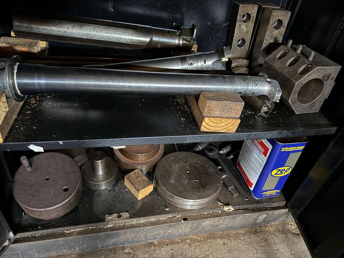 Used CABINET w/ 30+) CNC LATHE CUTTING TOOLS, ADAPTERS, JAWS, BARS, & RELATED