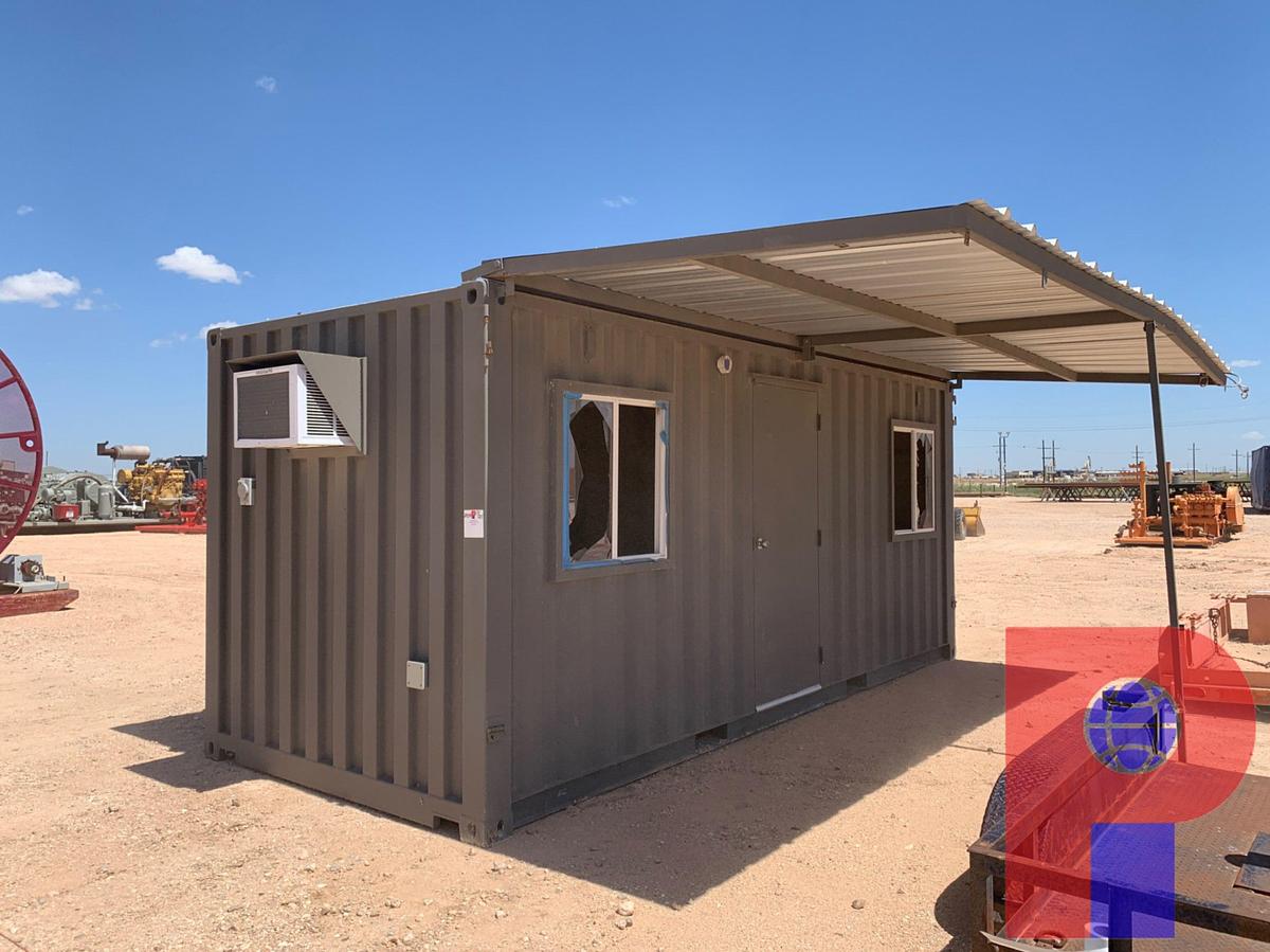 Used 19’ 9” L X 8’ W SEA CONTAINER OFFICE WITH PORCH SHADE