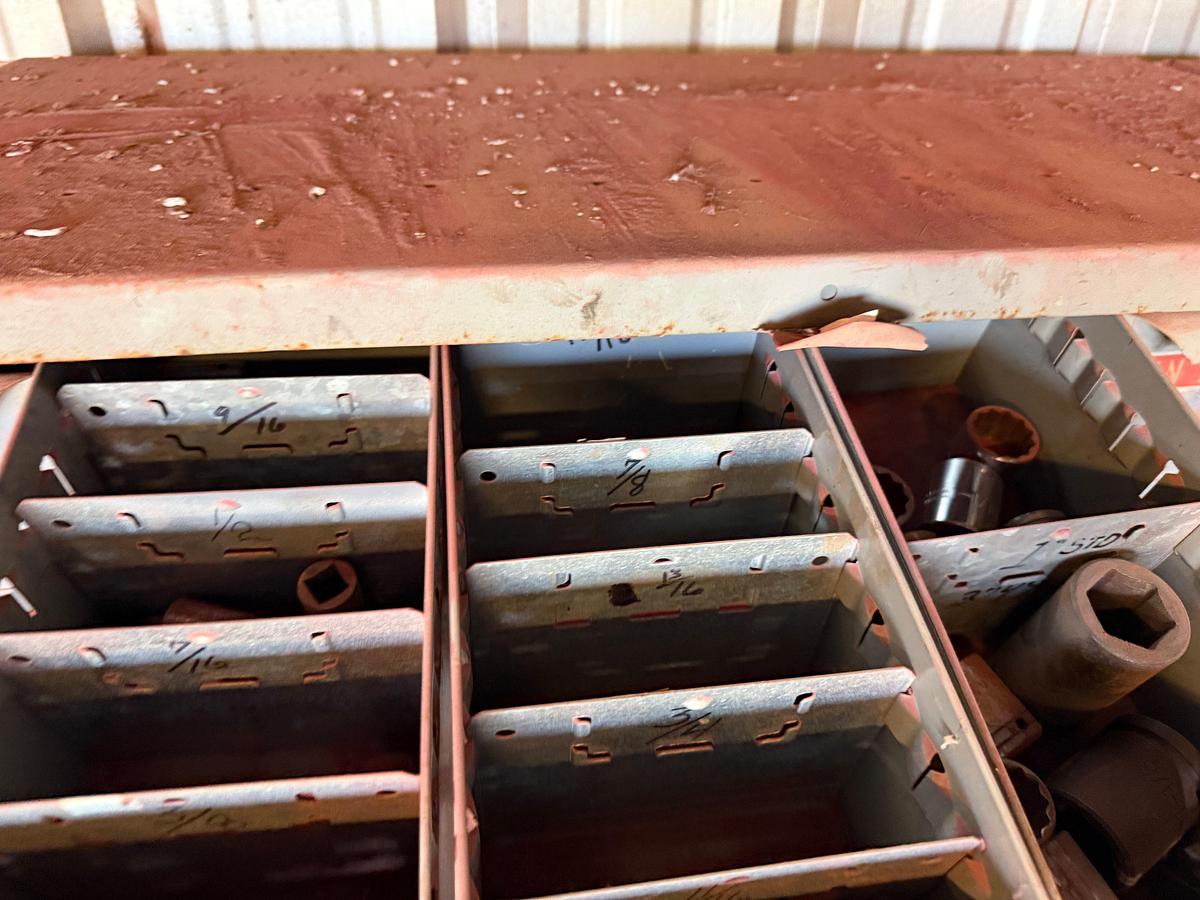 Used (2) 3’L X1 18”W X 7’H SHELVES W/ 110-BINS MOST FULL OF 1/2” THRU 1-1/2” DRIVE SOCKETS UP TO 2-3/4” SIZE