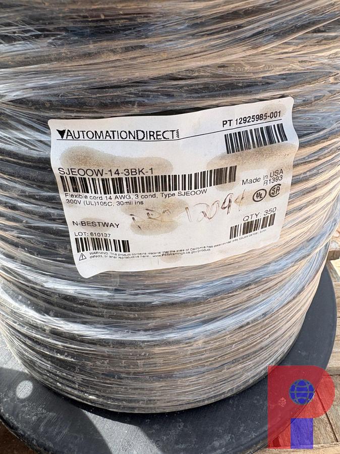 Used (3) PALLETS & (1) SPOOL RACK W/ ASSORTMENT OF ELECTRIC CABLES