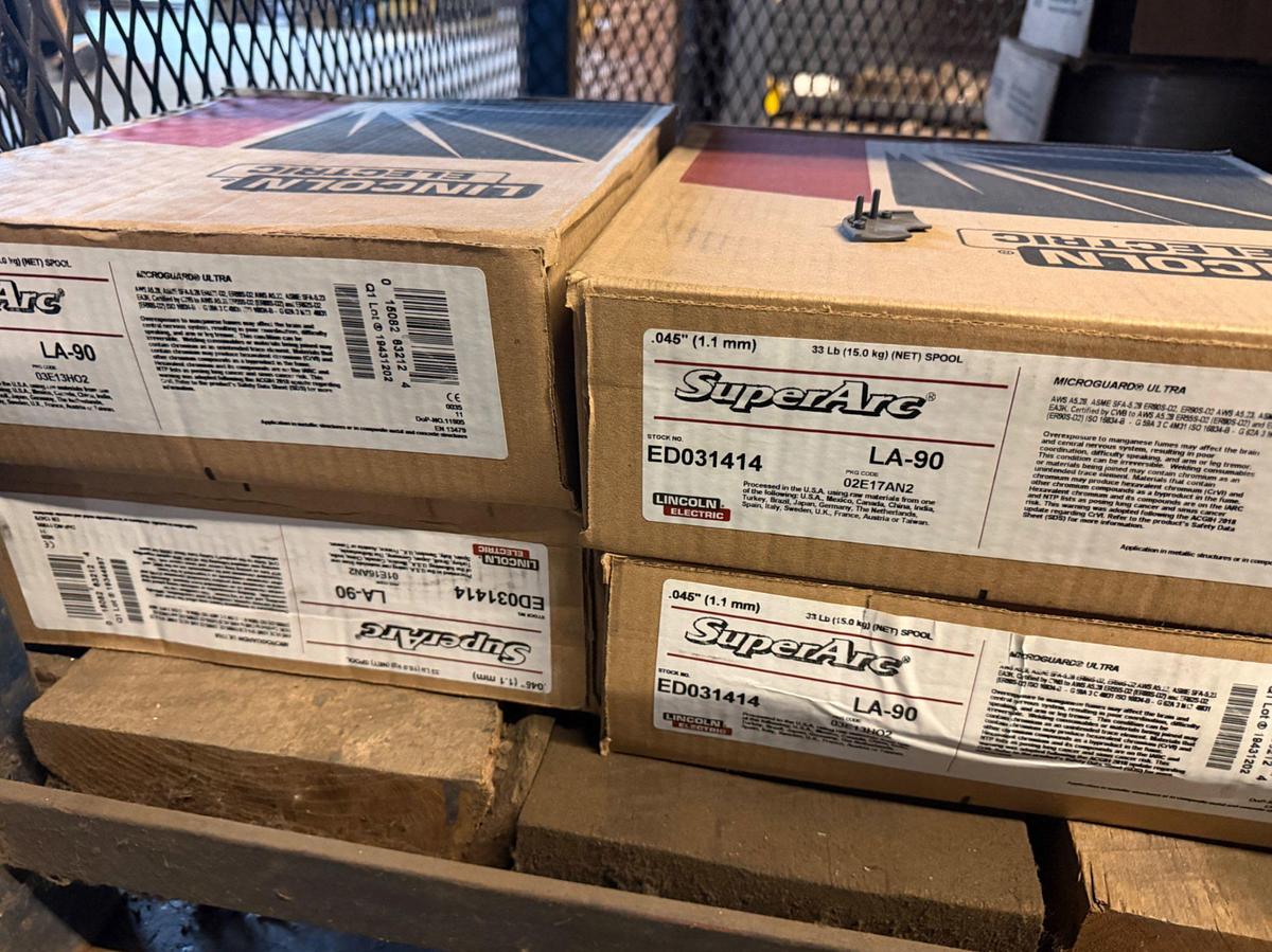 Used (3) Shelves W/ 30+ boxes of Lincoln Welding wire, New Gun Tips & Nozzles, & supplies