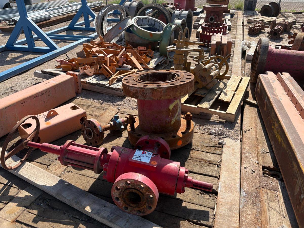 Used Assorted spacer spools, gate valves, & contents of rig matting board