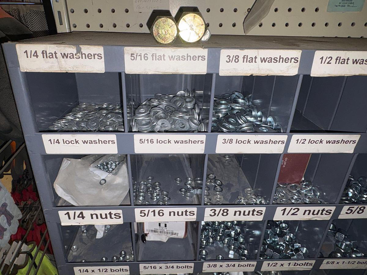 Used Bolt bin w/ (1000+) unused nuts, bolts, & washers