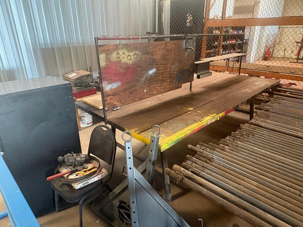 Used 10’ x 57” x 3’ shop table W/ durst 606 drill press, 4-drawer filing cabinet, & 90” x 45” storage rack