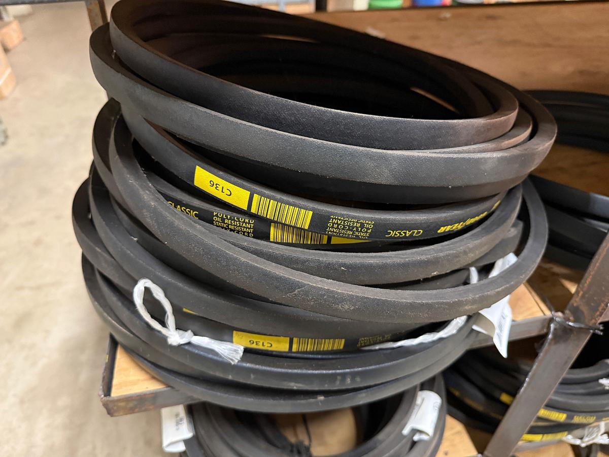 Used SECTION OF (100+) MOSTLY GOODYEAR C,D,& B-SECTION V-BELTS & (4) POWERBAND V-BELTS, SIZE RANGE C60 THRU C206 & D-210