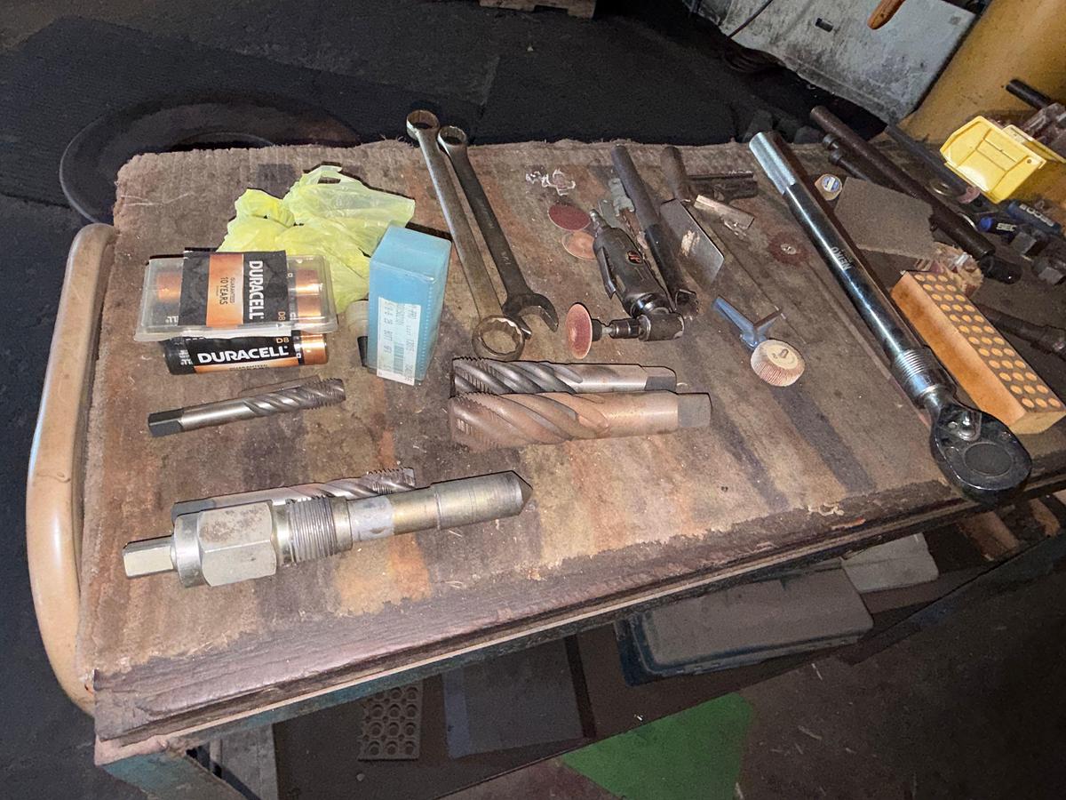 Used SECTION W/ (2) WORK BENCHES, SMALL METAL CABINET INCLUDING CONTENTS OF MACHINE CUTTING TOOLS, SOME HAND TOOLS, & RELATED