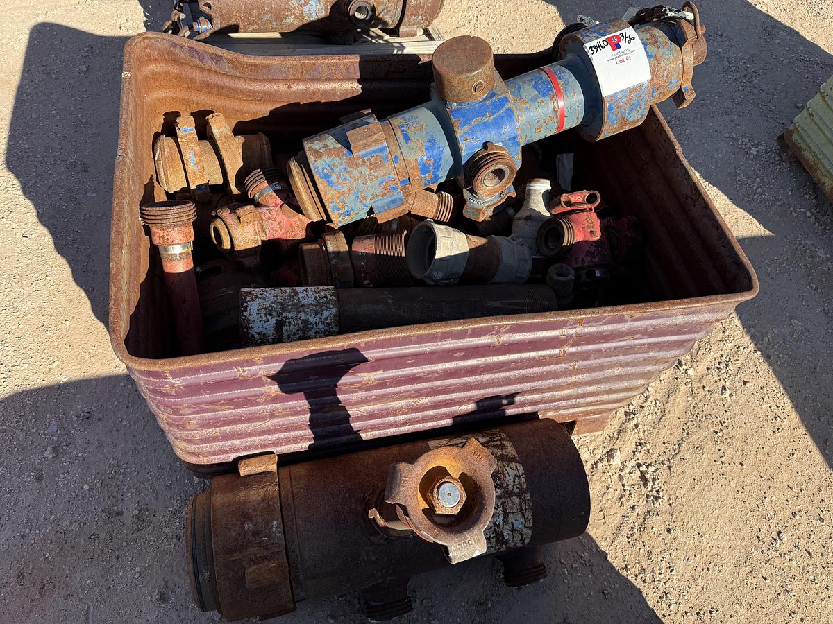 Used (2) MULTI-SIZE SINGLE PLUG CEMENT HEADS & METAL TUB OF CEMENT HEAD CONNECTIONS