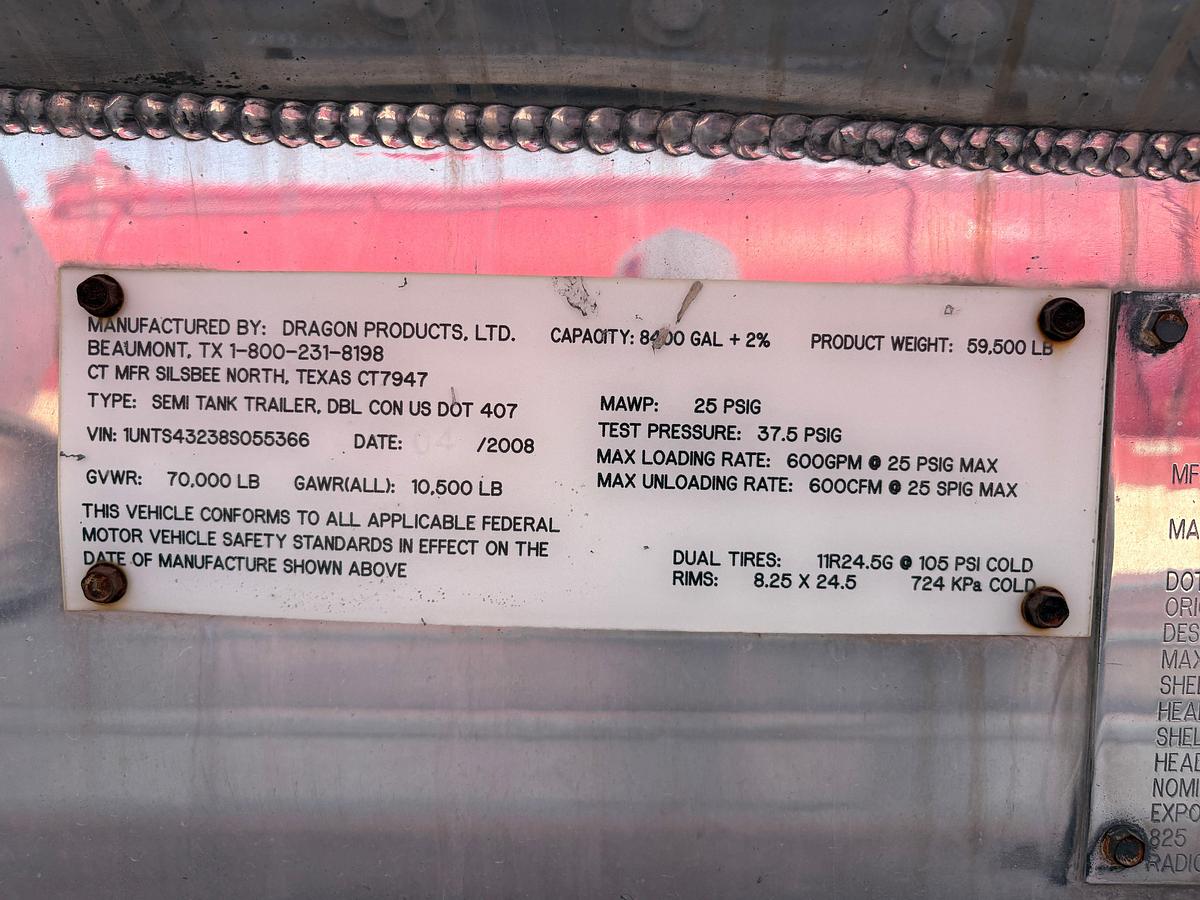 Used 2008 DRAGON PRODUCTS 8,400 GALLON T/A FUEL TRAILER
