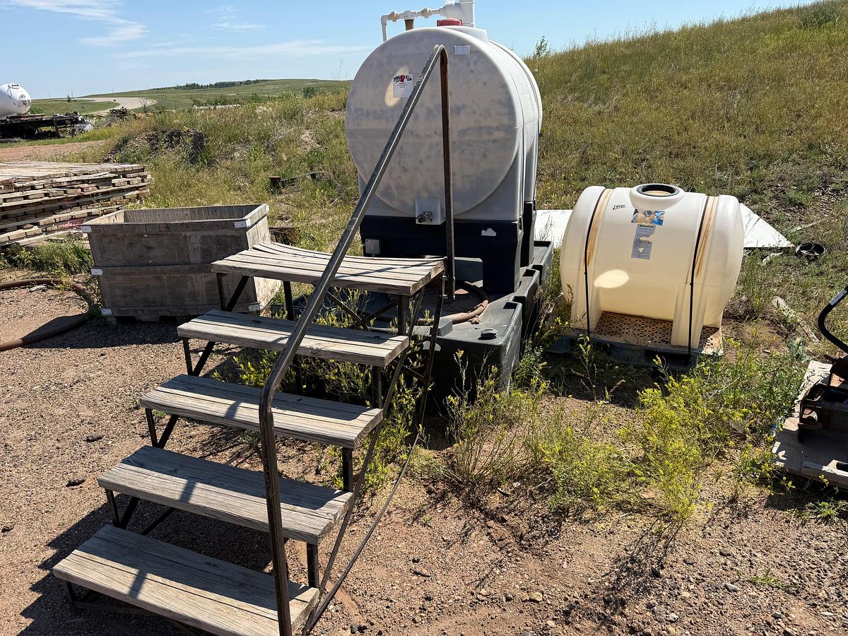 Used (1) TANK WORKS 330-GALLON POLY TANK, 7’x4.6’x1.6’ CONTAINMENT, STAIRS. & (1) 130-GAL POLY TANK