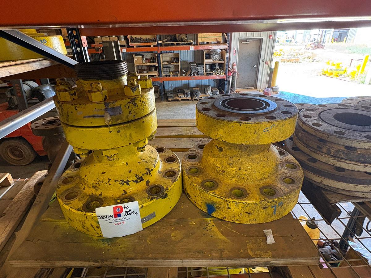 Used (3 shelves) w/ 6-pallets of assorted 7” 10m blind flanges, 7” x 4” spools, & (1) single stud adapter