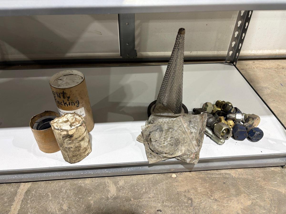 Used Shelving unit w/ (UNUSED) XK-90 & Logan swivel parts, stabbing guides, Kelly valve kits, guages, etc